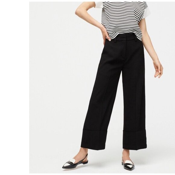 J.Crew Cropped Wide Leg Cuff Pants Women's Size 0 Black Trouser Career Office - Picture 1 of 13